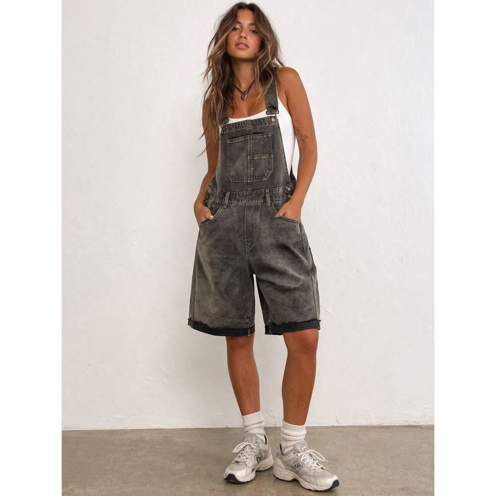 Free People Washed Black Denim Short Overalls